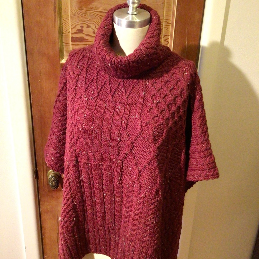 Kilronan Knitwear burgundy wool cable knit cowl neck poncho